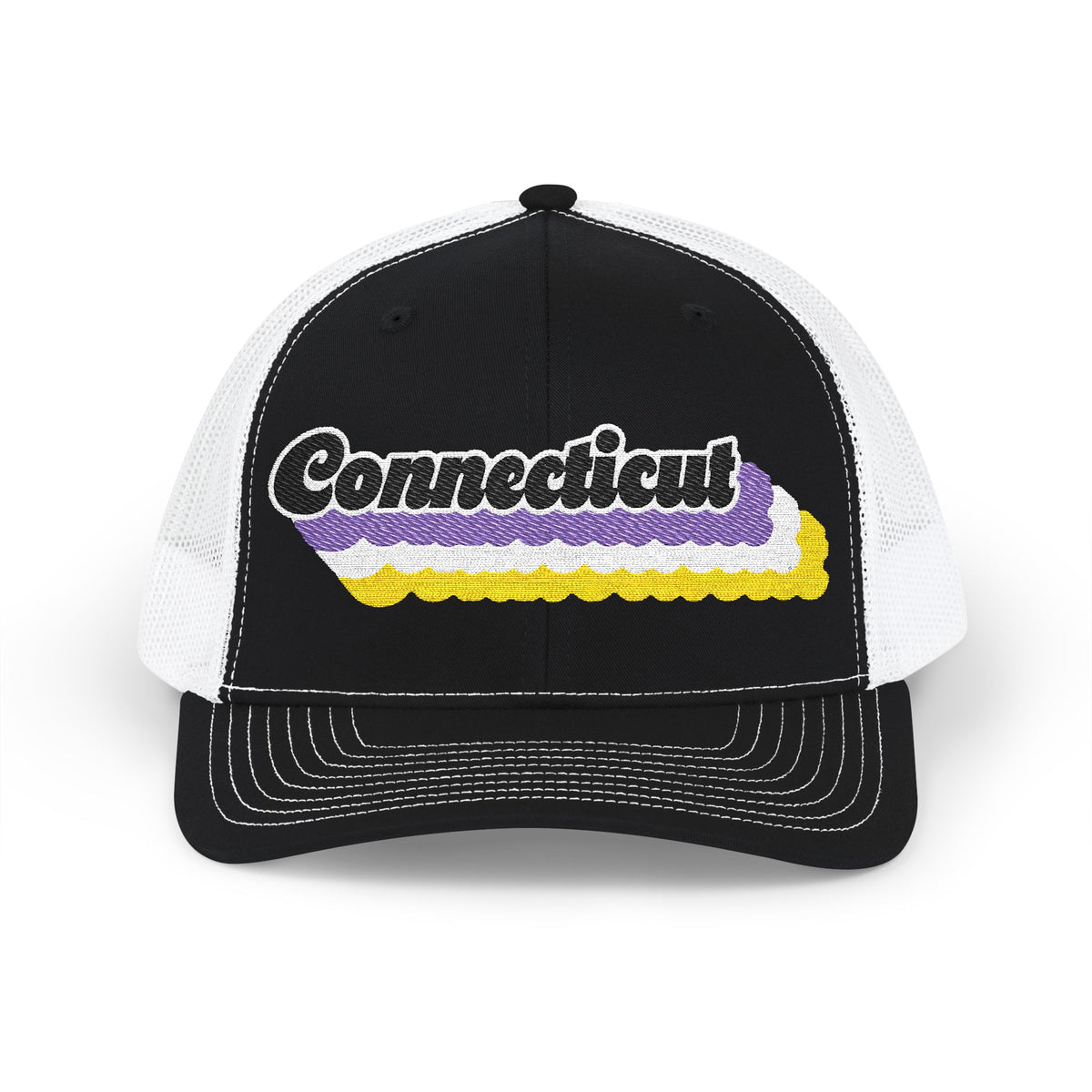 Connecticut Non-binary Pride Stack Embroidered Trucker, Snapback Trucker Cap, Black front with White mesh in back