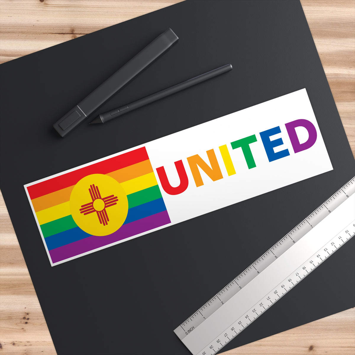 New Mexico Rainbow Pride Flag "UNITED" Bumper Sticker