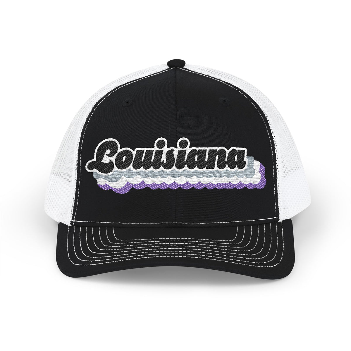 Louisiana Asexual Pride Stack Embroidered Trucker, Snapback Trucker Cap, Black front with White mesh in back
