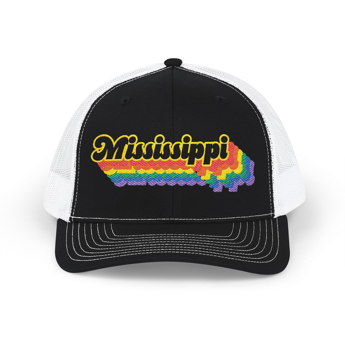 Mississippi Retro Rainbow Stack Embroidered Trucker, Snapback Trucker Cap, Black front with White mesh in back