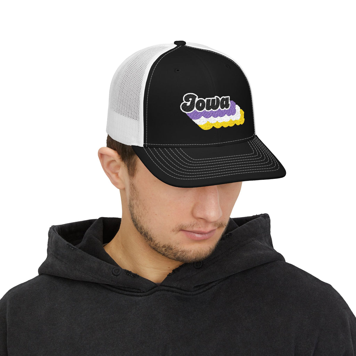 Iowa Non-binary Pride Stack Embroidered Trucker, Snapback Trucker Cap, Black front with White mesh in back