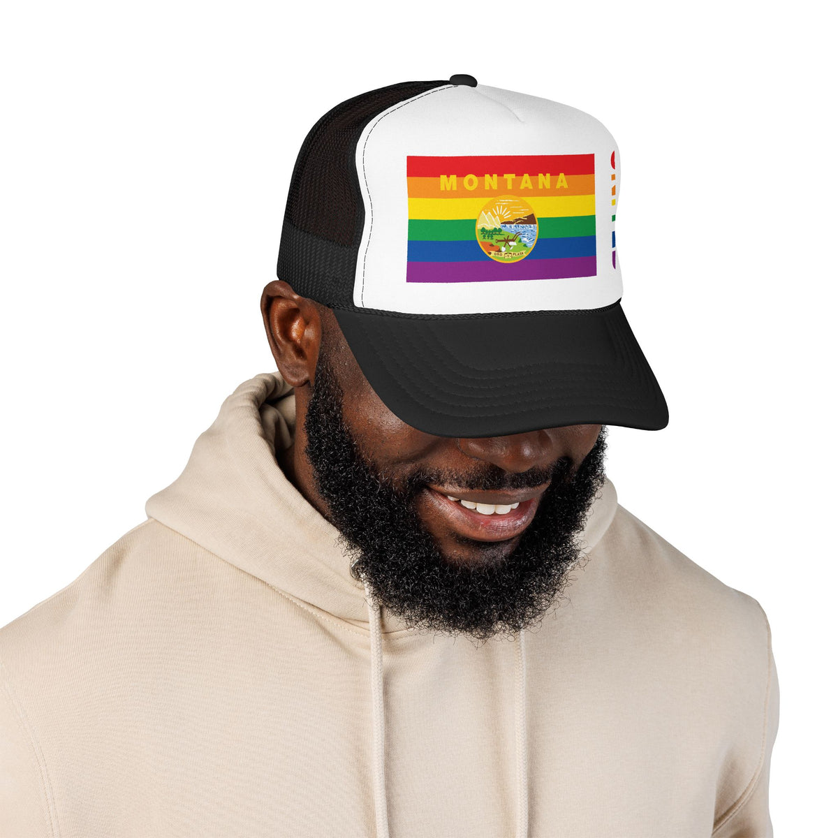 Montana Rainbow Pride Flag "UNITED" Printed Foam Trucker Hat, Several Color Options