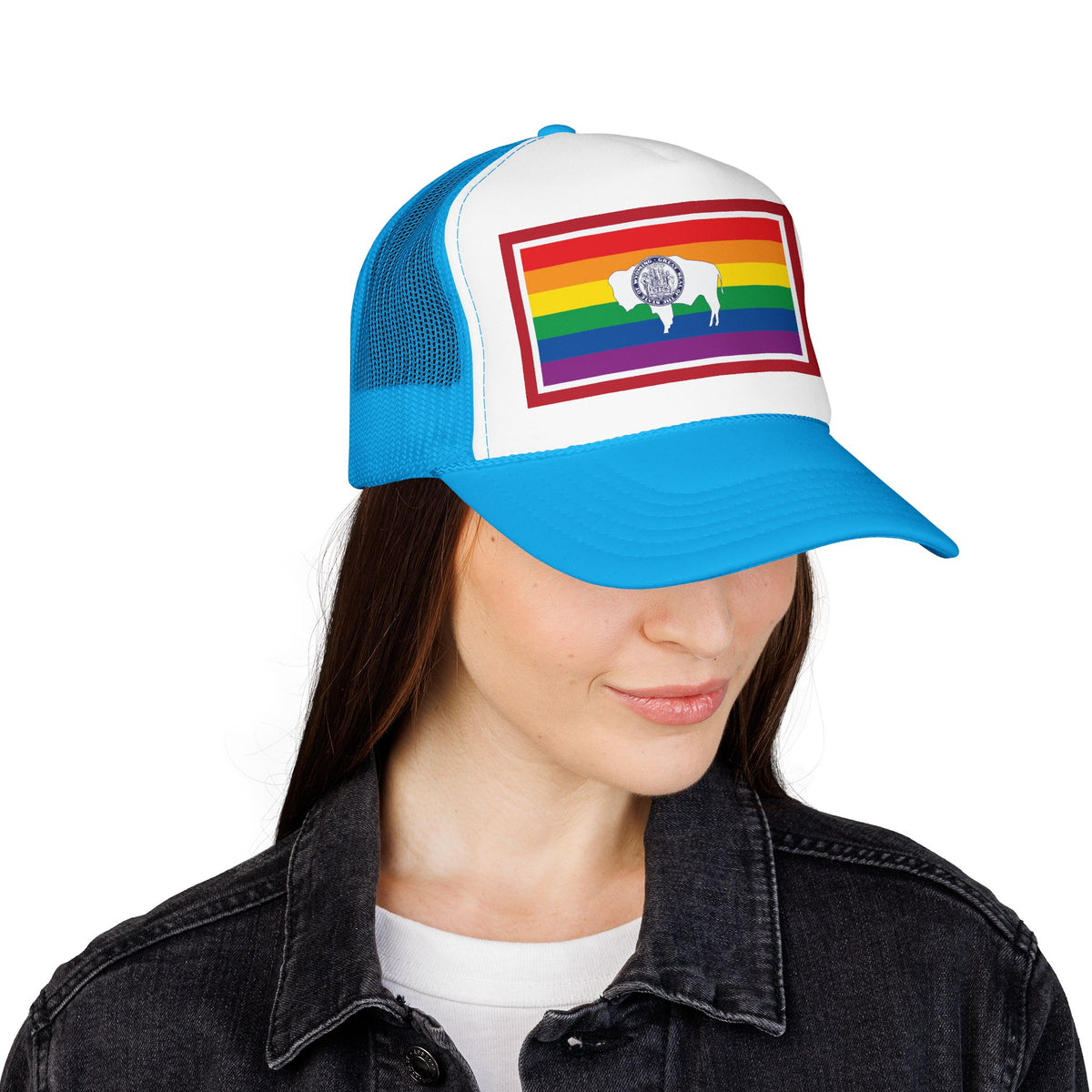 Wyoming Rainbow Pride Flag "UNITED" Printed Foam Trucker Hat, Several Color Options