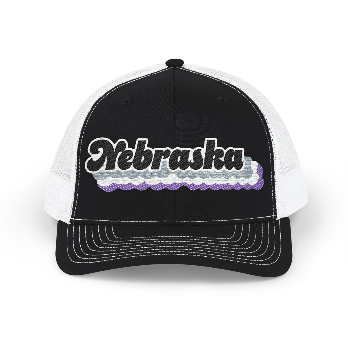 Nebraska Asexual Pride Stack Embroidered Trucker, Snapback Trucker Cap, Black front with White mesh in back