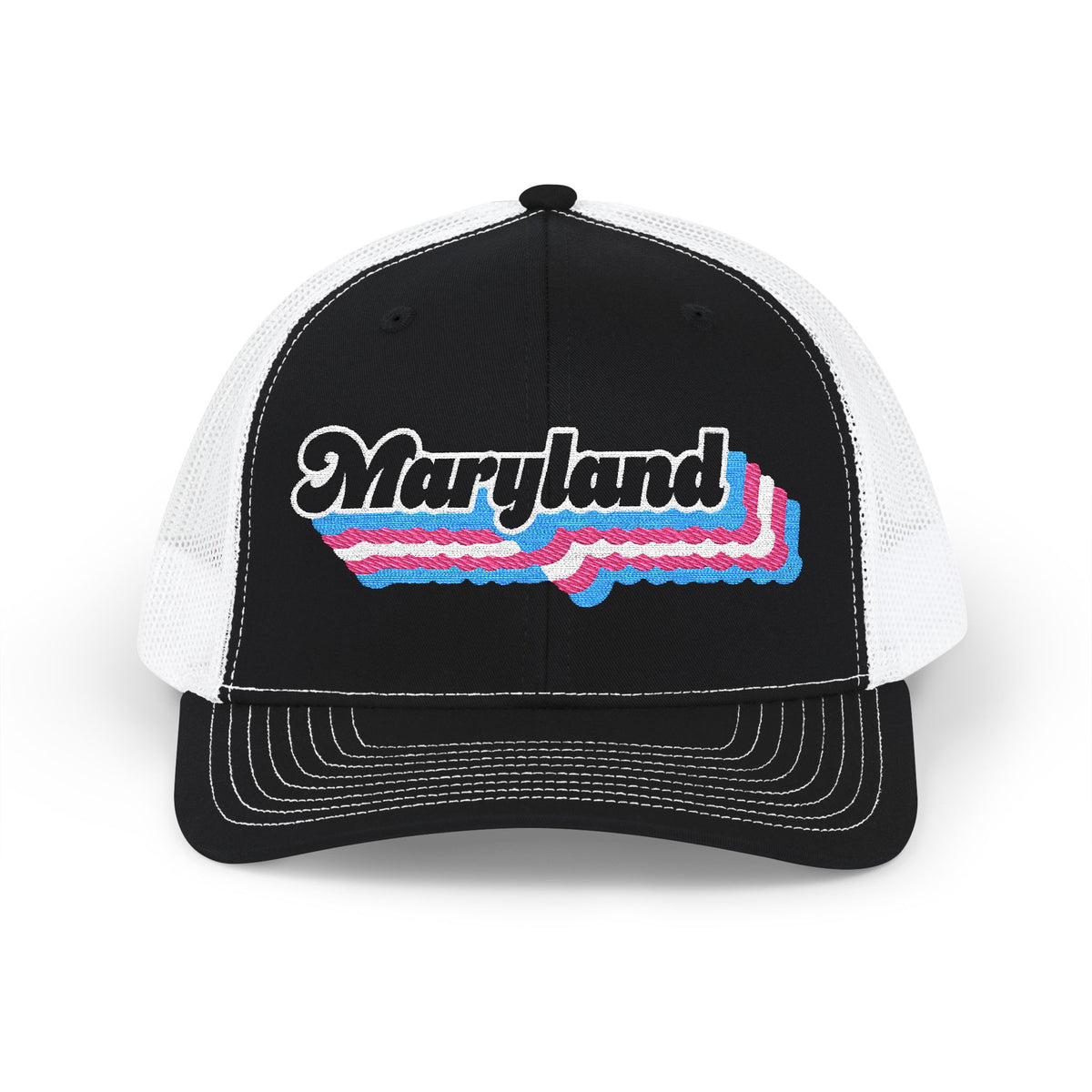 Maryland Transgender Pride Stack Embroidered Trucker, Snapback Trucker Cap, Black front with White mesh in back