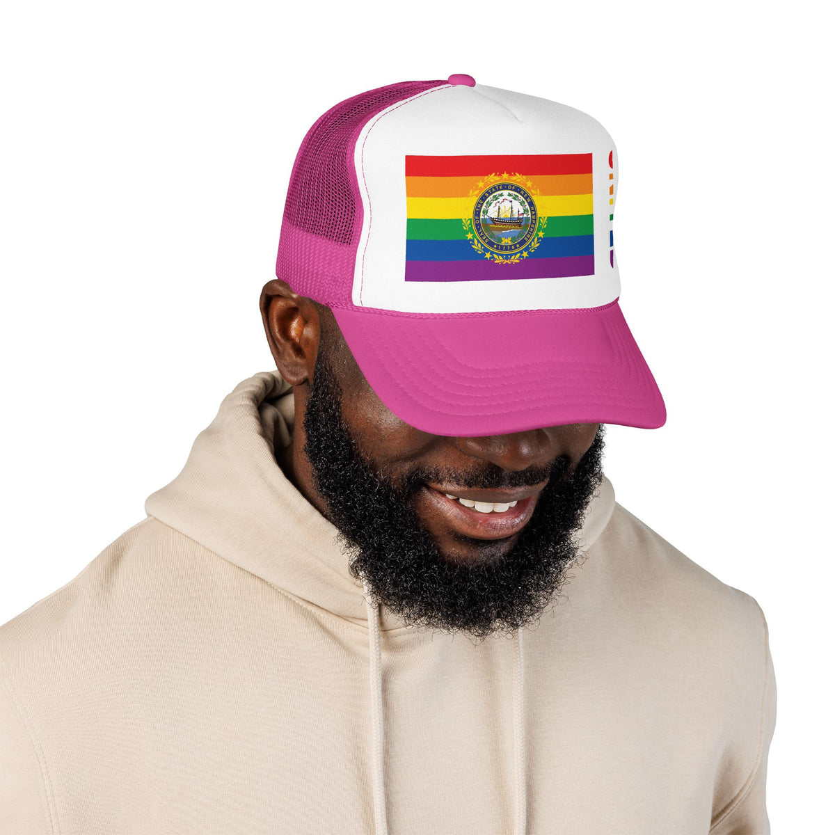 New Hampshire Rainbow Pride Flag "UNITED" Printed Foam Trucker Hat, Several Color Options