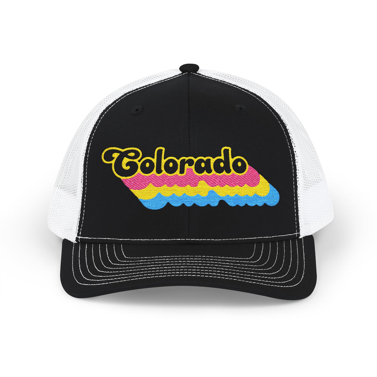 Colorado Pansexual Pride Stack Embroidered Trucker, Snapback Trucker Cap, Black front with White mesh in back