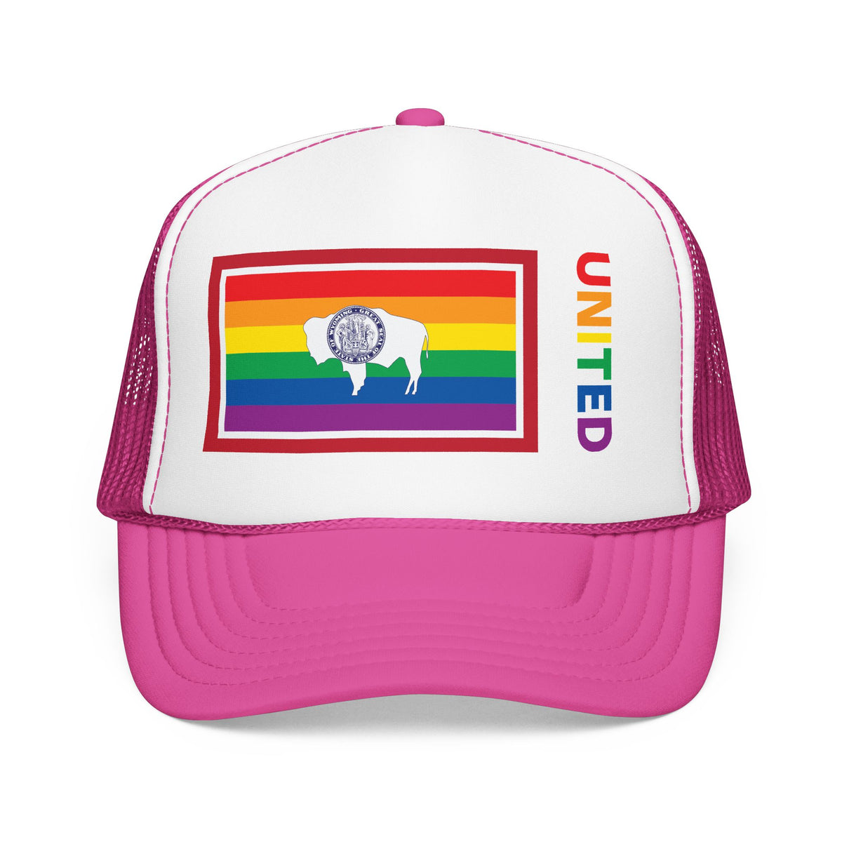 Wyoming Rainbow Pride Flag "UNITED" Printed Foam Trucker Hat, Several Color Options