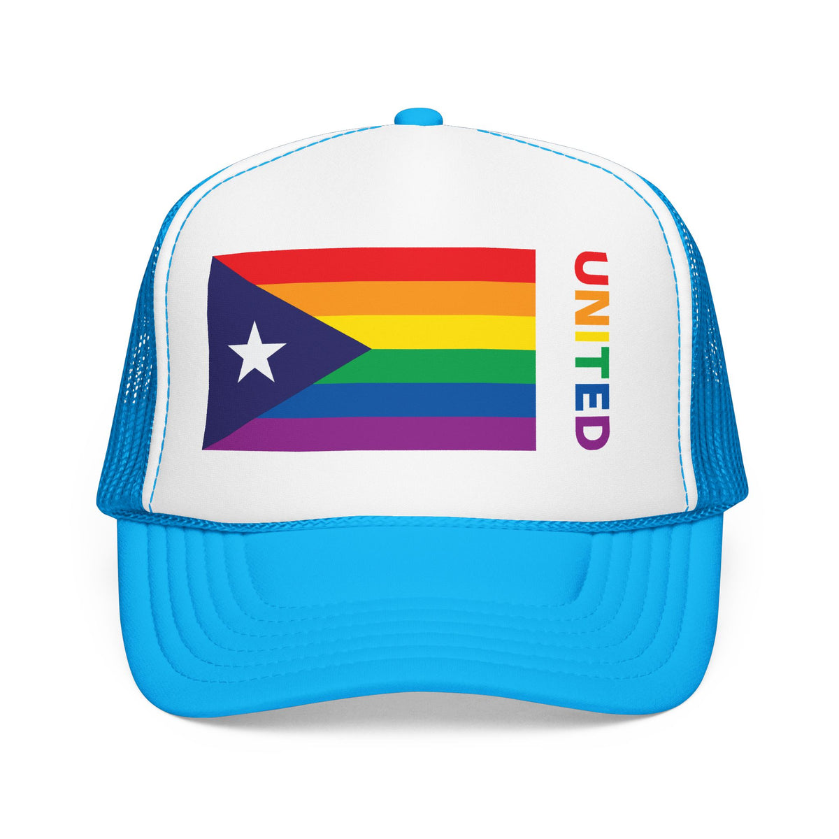 Puerto Rico Rainbow Pride Flag "UNITED" Printed Foam Trucker Hat, Several Color Options