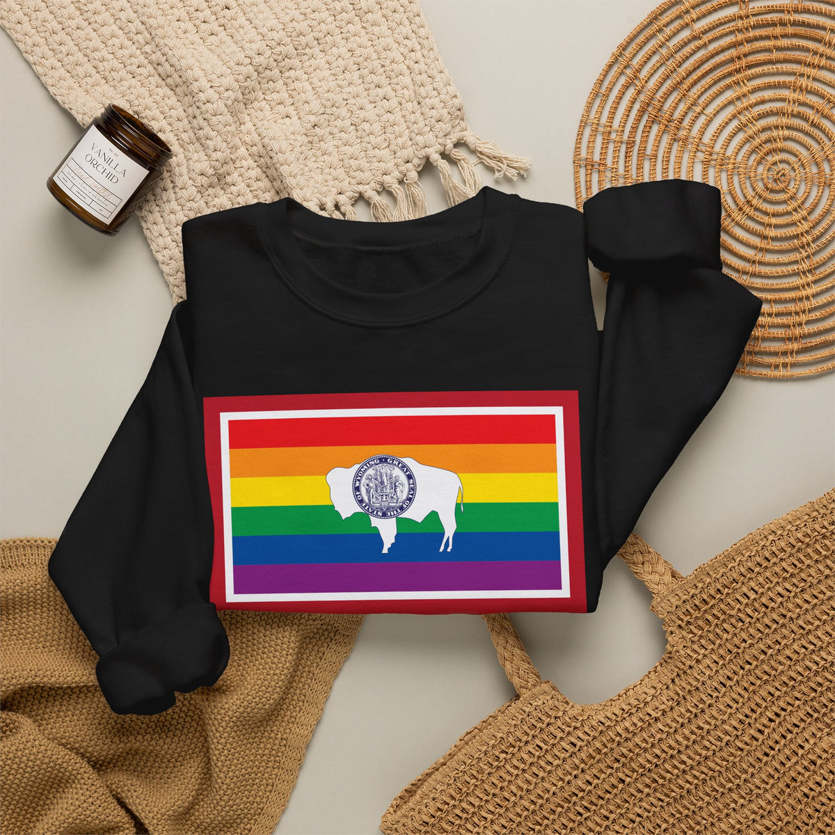 Wyoming Rainbow Pride Flag Unisex Crewneck Sweatshirt, White, Black or Light Pink