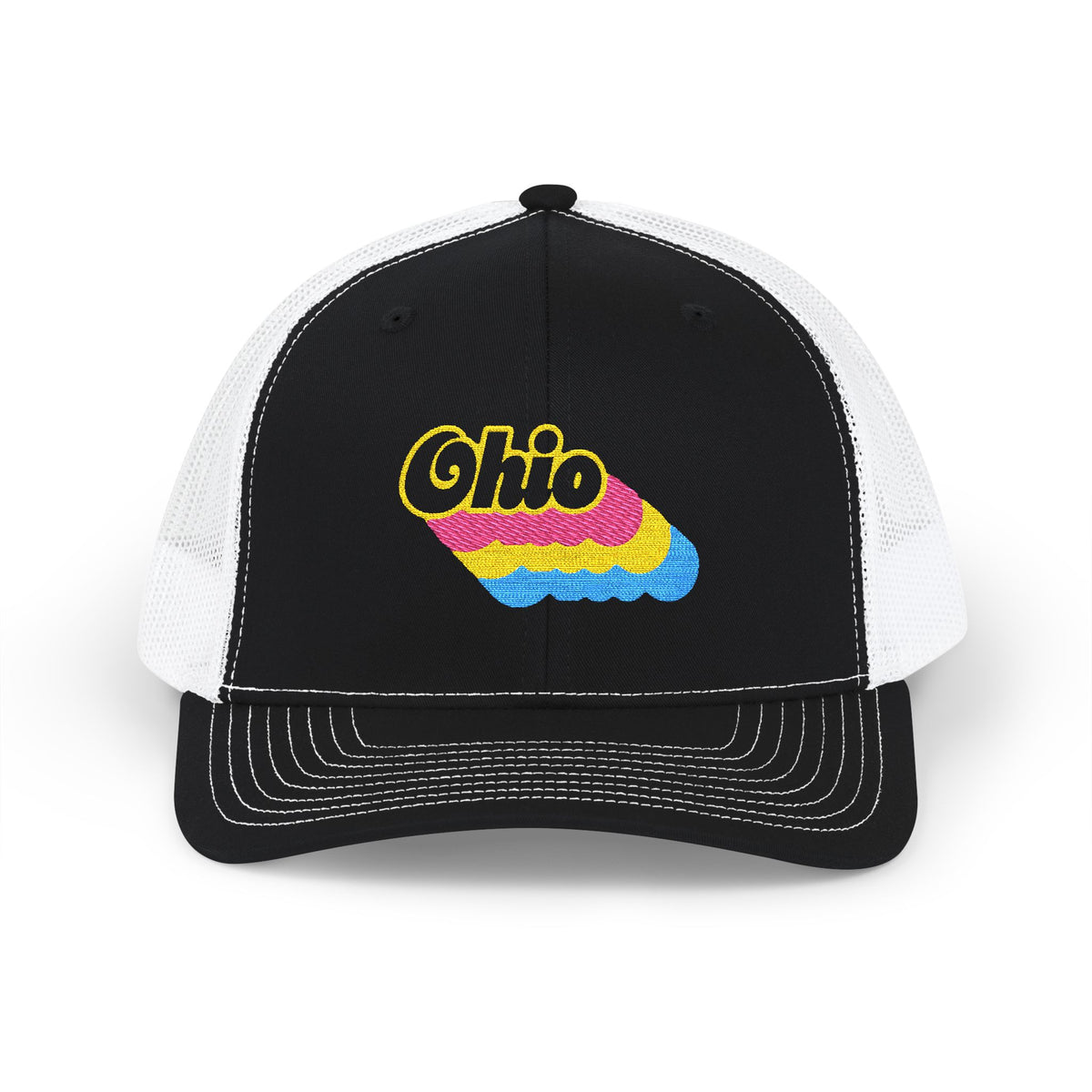 Ohio Pansexual Pride Stack Embroidered Trucker, Snapback Trucker Cap, Black front with White mesh in back