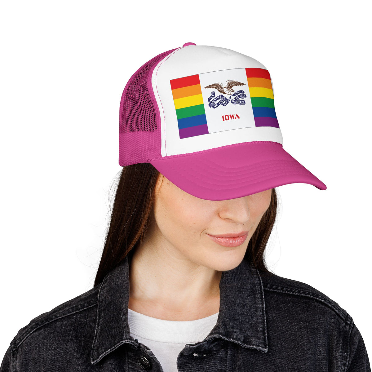 Iowa Rainbow Pride Flag "UNITED" Printed Foam Trucker Hat, Several Color Options