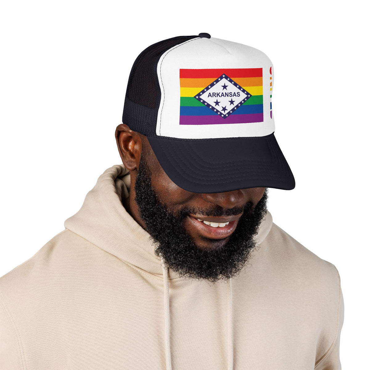 Arkansas Rainbow Pride Flag "UNITED" Printed Foam Trucker Hat, Several Color Options