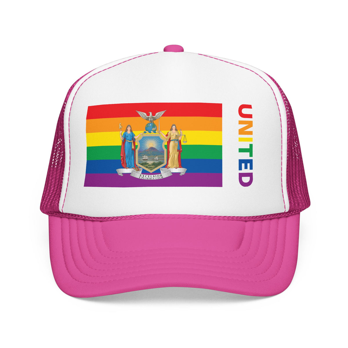 New York Rainbow Pride Flag "UNITED" Printed Foam Trucker Hat, Several Color Options