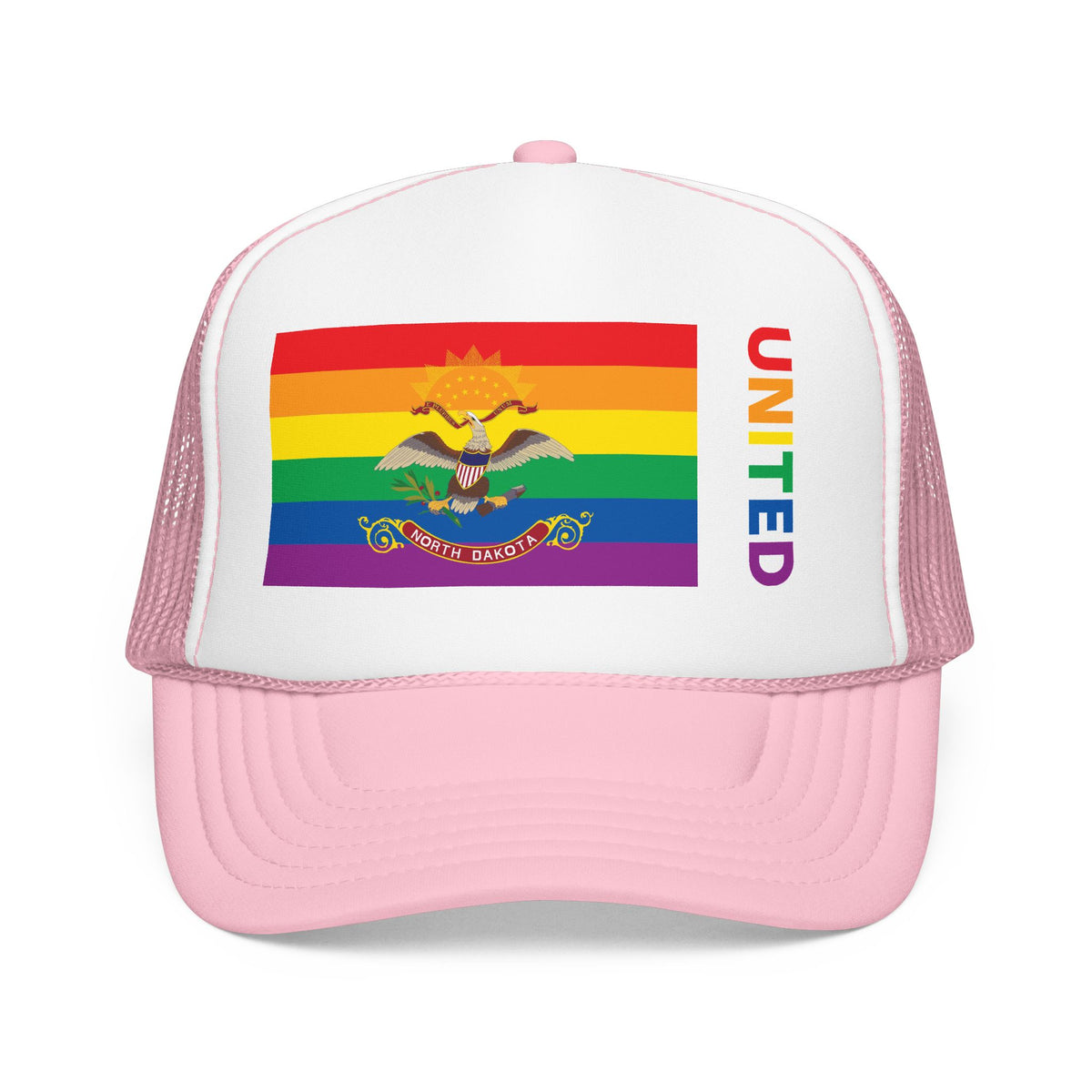 North Dakota Rainbow Pride Flag "UNITED" Printed Foam Trucker Hat, Several Color Options