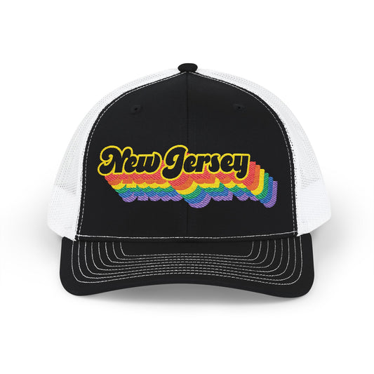 New Jersey Retro Rainbow Stack Embroidered Trucker, Snapback Trucker Cap, Black front with White mesh in back