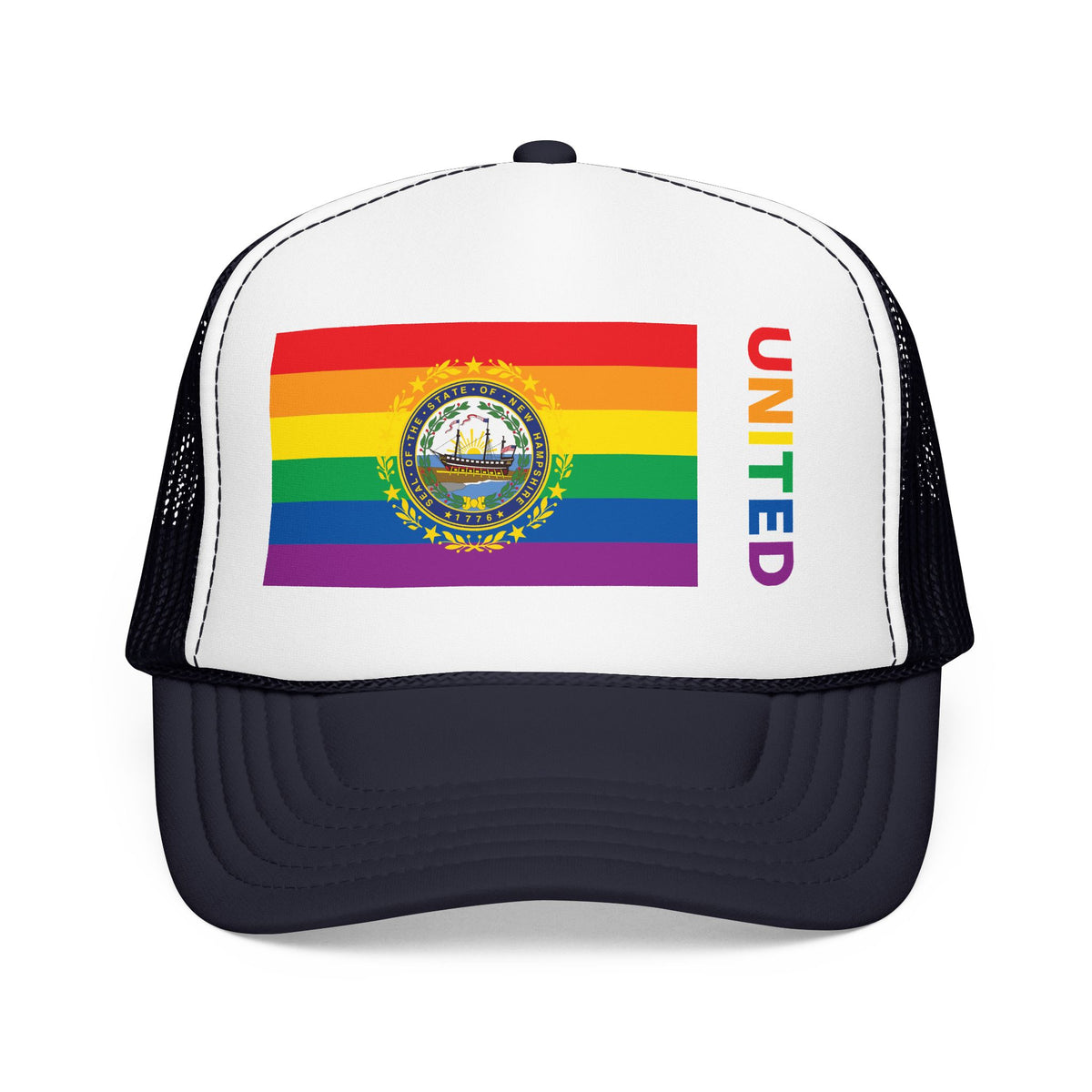 New Hampshire Rainbow Pride Flag "UNITED" Printed Foam Trucker Hat, Several Color Options
