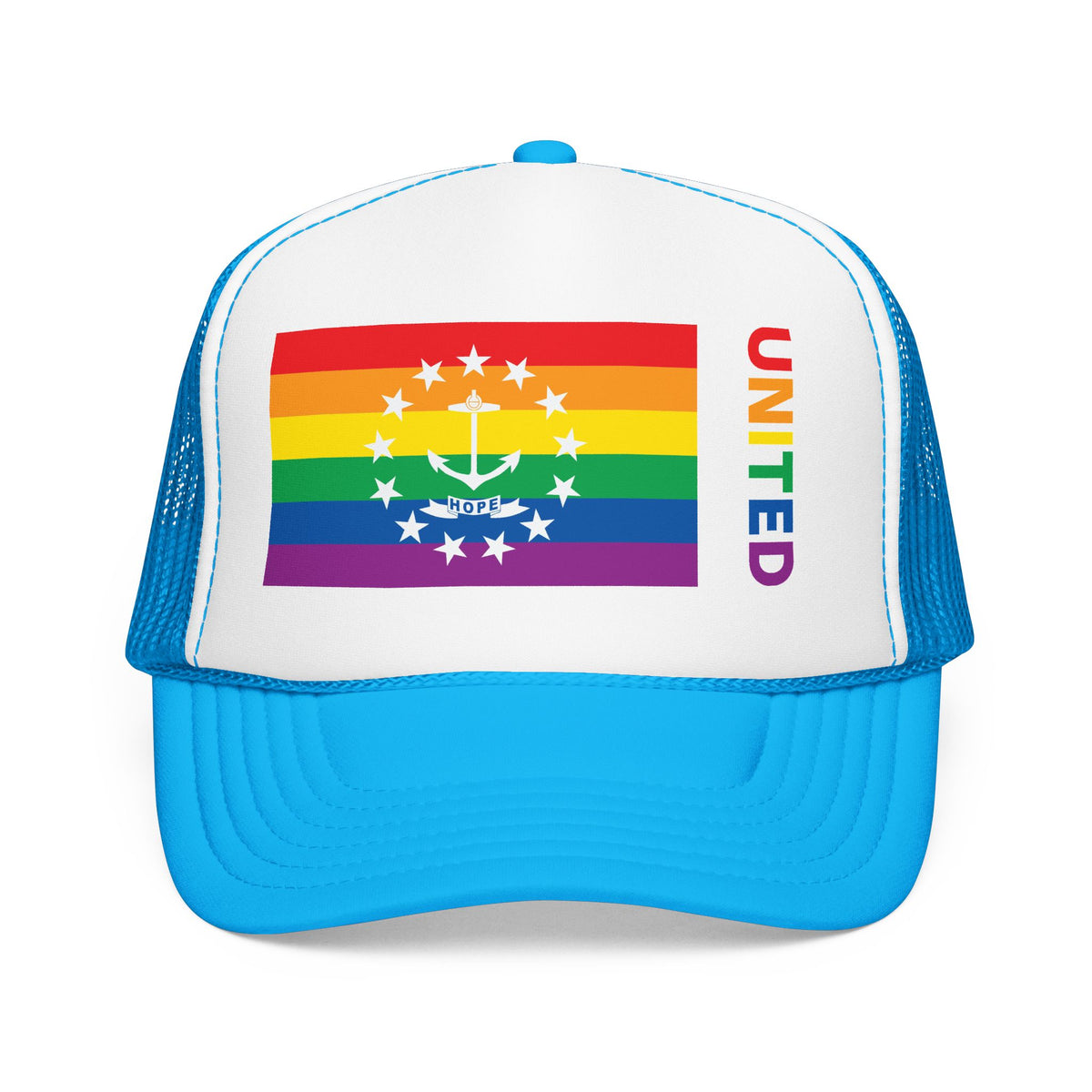 Rhode Island Rainbow Pride Flag "UNITED" Printed Foam Trucker Hat, Several Color Options