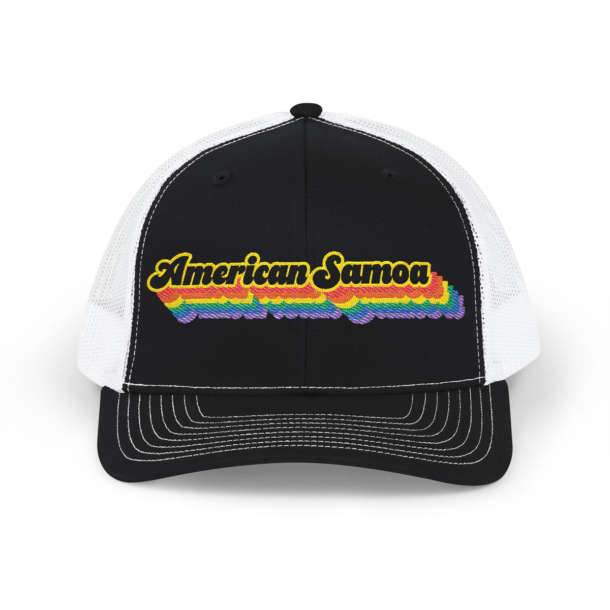 American Samoa Retro Rainbow Stack Embroidered Trucker, Snapback Trucker Cap, Black front with White mesh in back