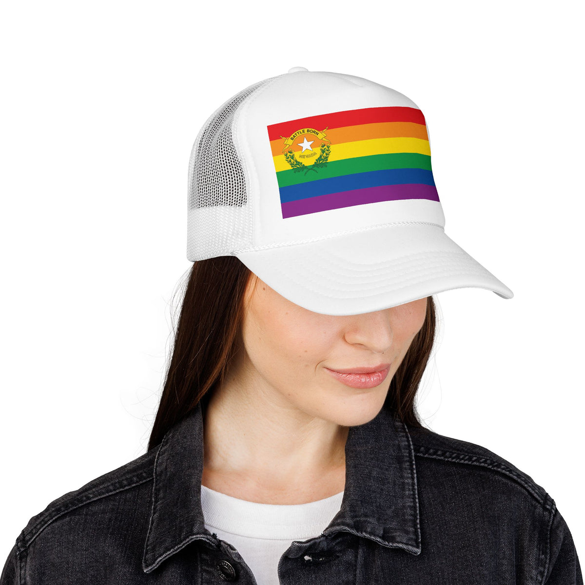 Nevada Rainbow Pride Flag "UNITED" Printed Foam Trucker Hat, Several Color Options