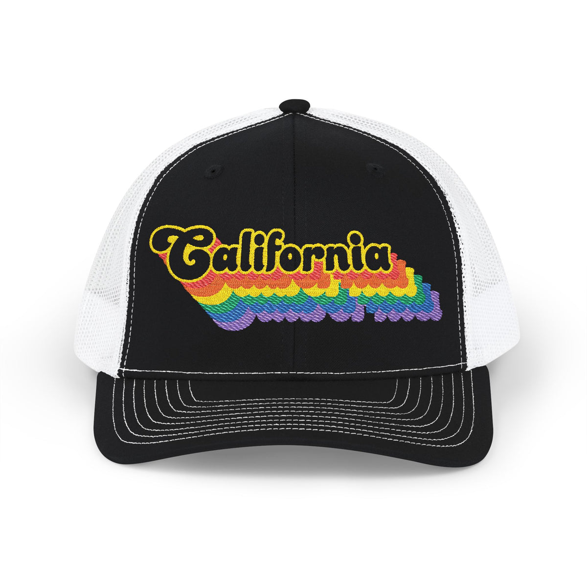 California Retro Rainbow Stack Embroidered Trucker, Snapback Trucker Cap, Black front with White mesh in back