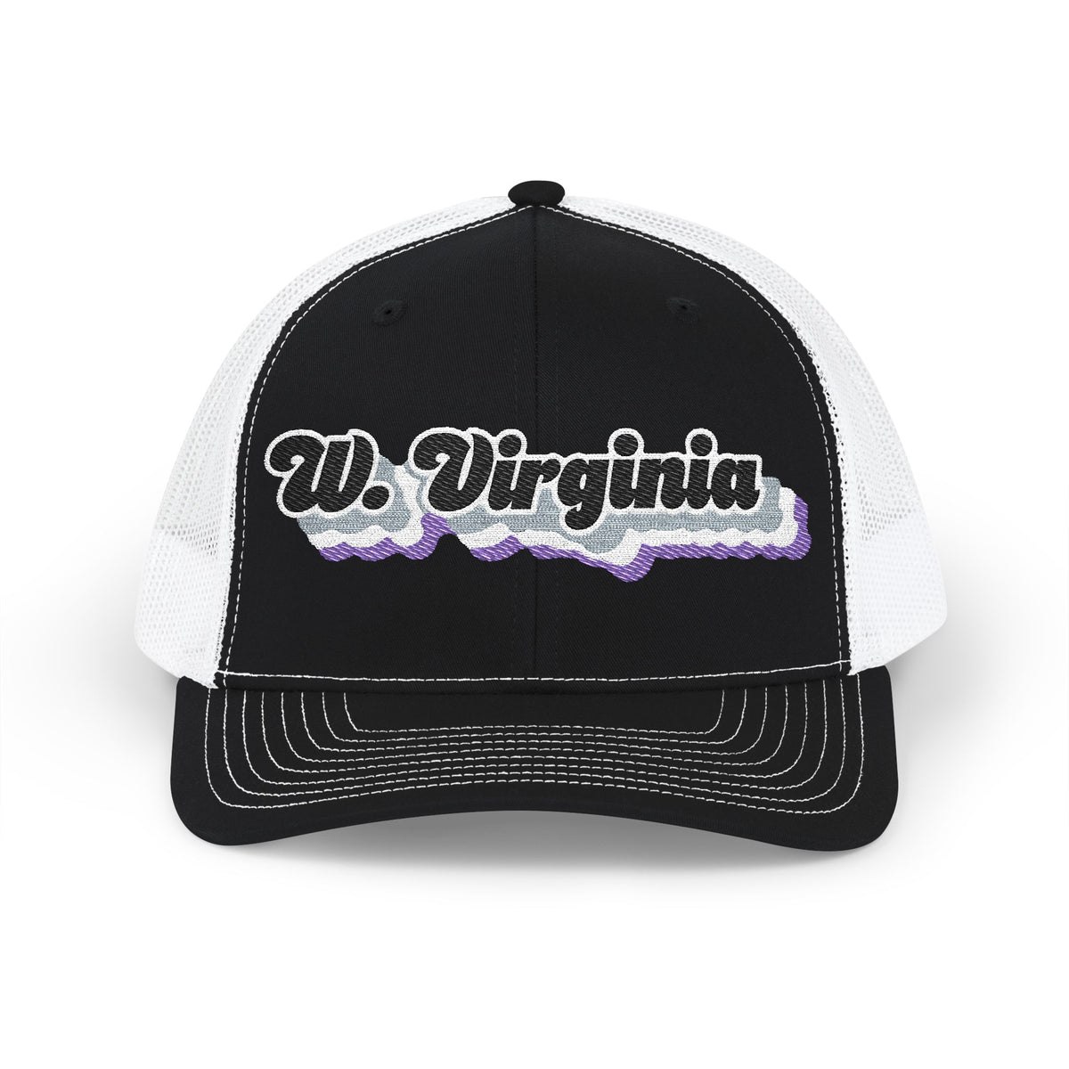 West Virginia Asexual Pride Stack Embroidered Trucker, Snapback Trucker Cap, Black front with White mesh in back