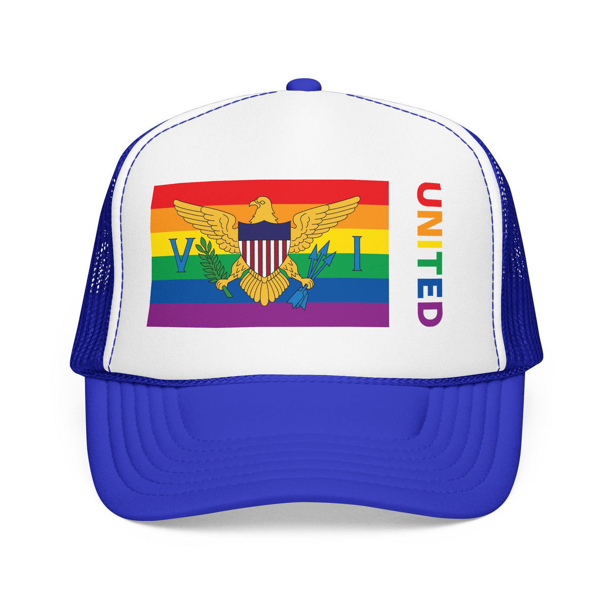 U.S. Virgin Islands Rainbow Pride Flag "UNITED" Printed Foam Trucker Hat, Several Color Options