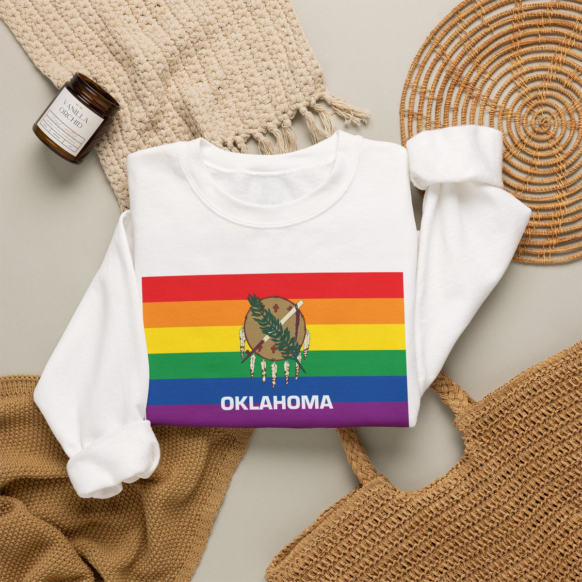 Oklahoma Rainbow Pride Flag Unisex Crewneck Sweatshirt, White, Black or Light Pink