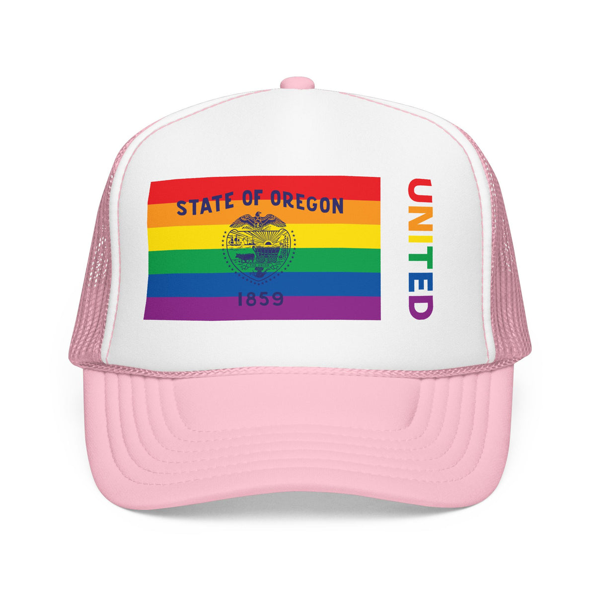 Oregon Rainbow Pride Flag "UNITED" Printed Foam Trucker Hat, Several Color Options