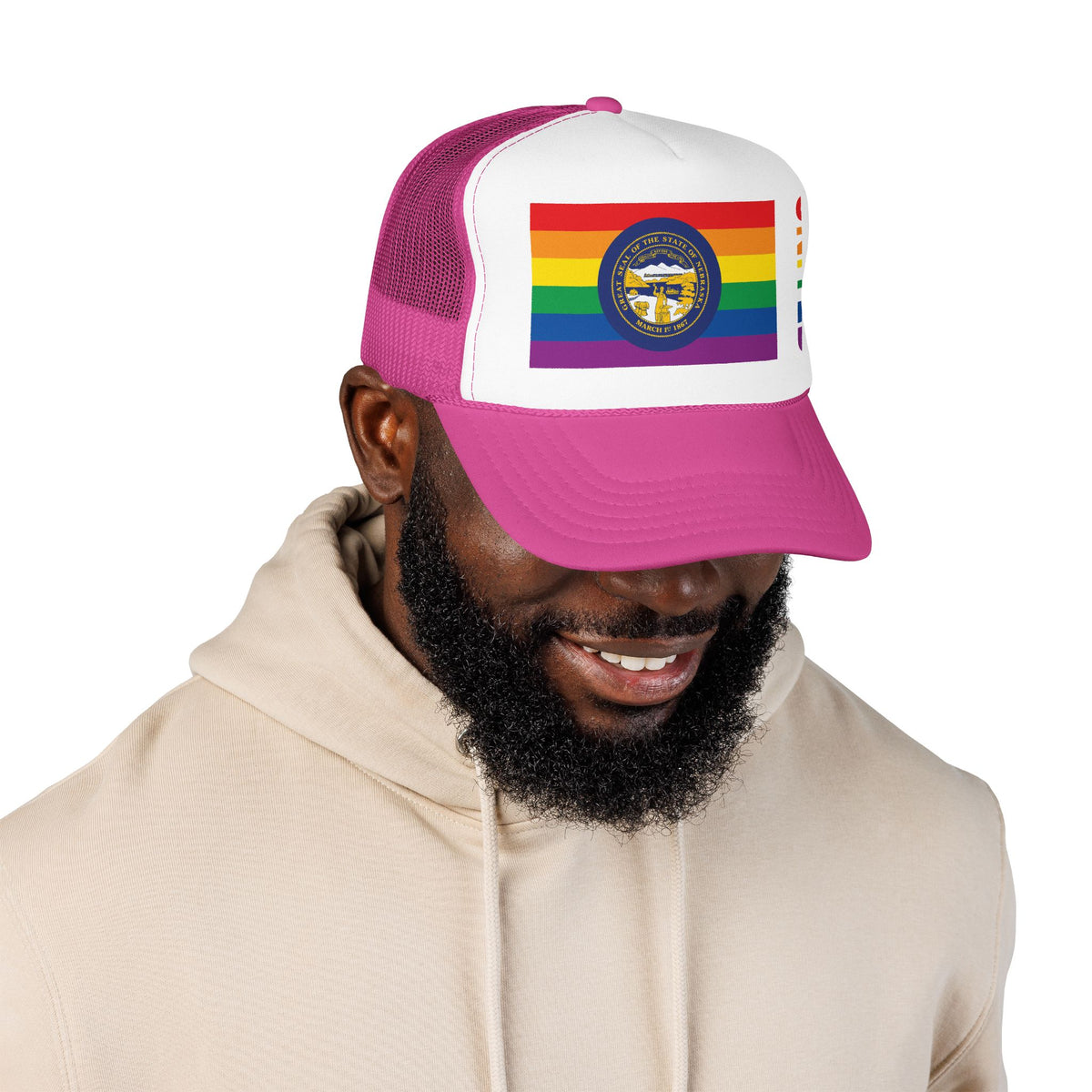 Nebraska Rainbow Pride Flag "UNITED" Printed Foam Trucker Hat, Several Color Options