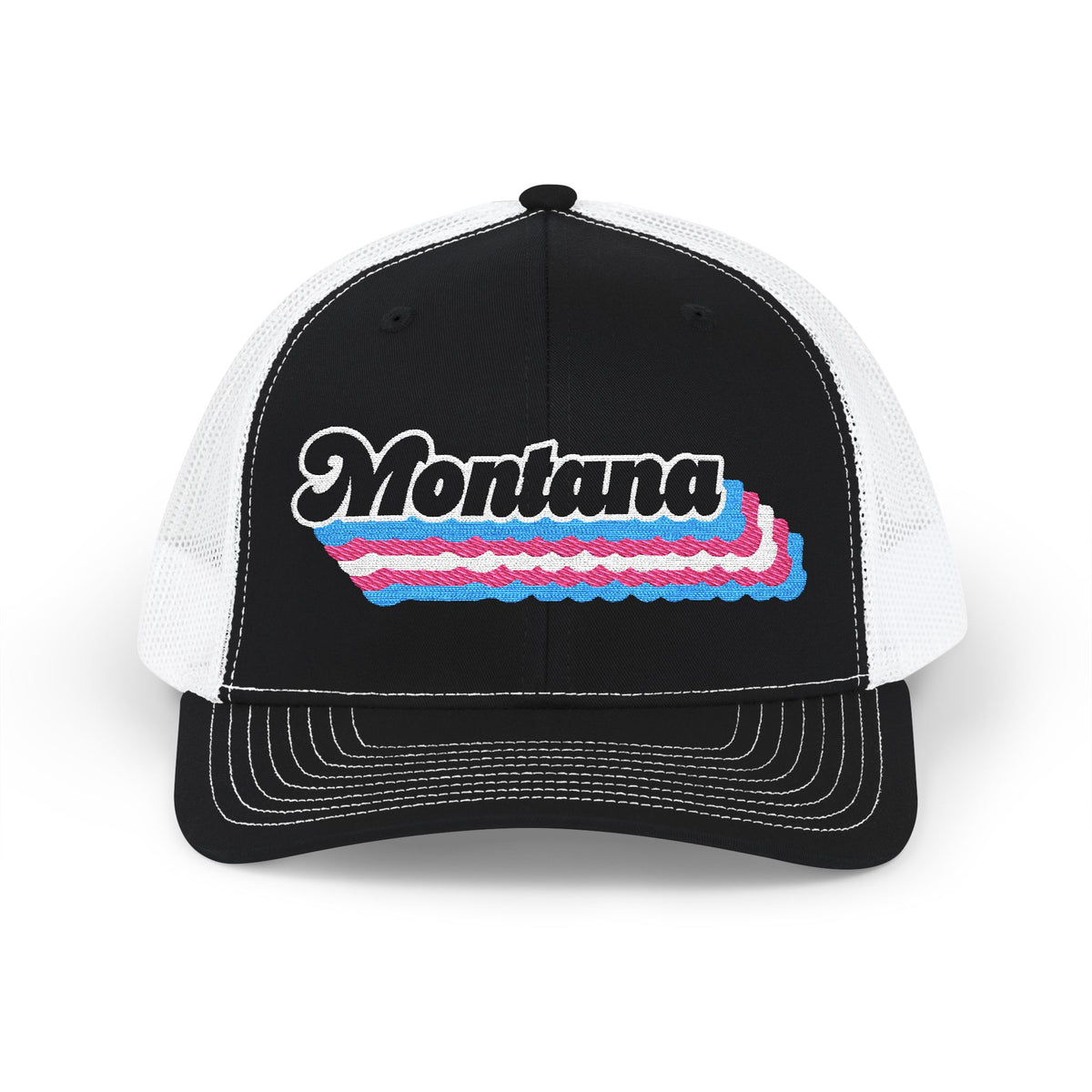 Montana Transgender Pride Stack Embroidered Trucker, Snapback Trucker Cap, Black front with White mesh in back