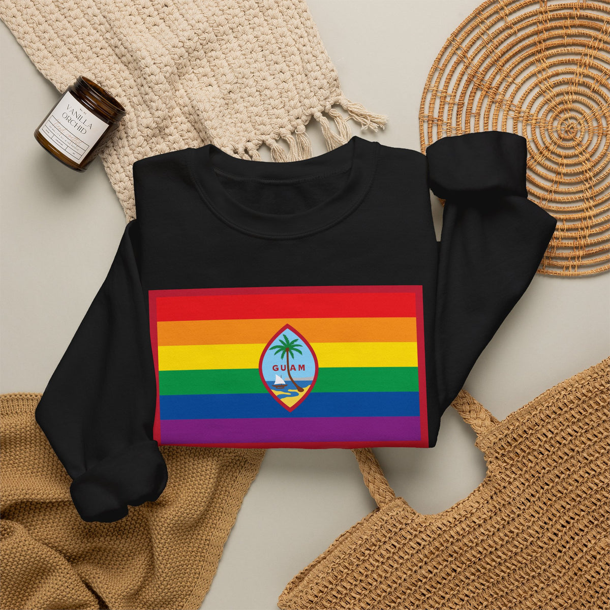 Guam Rainbow Pride Flag Unisex Crewneck Sweatshirt, White, Black or Light Pink