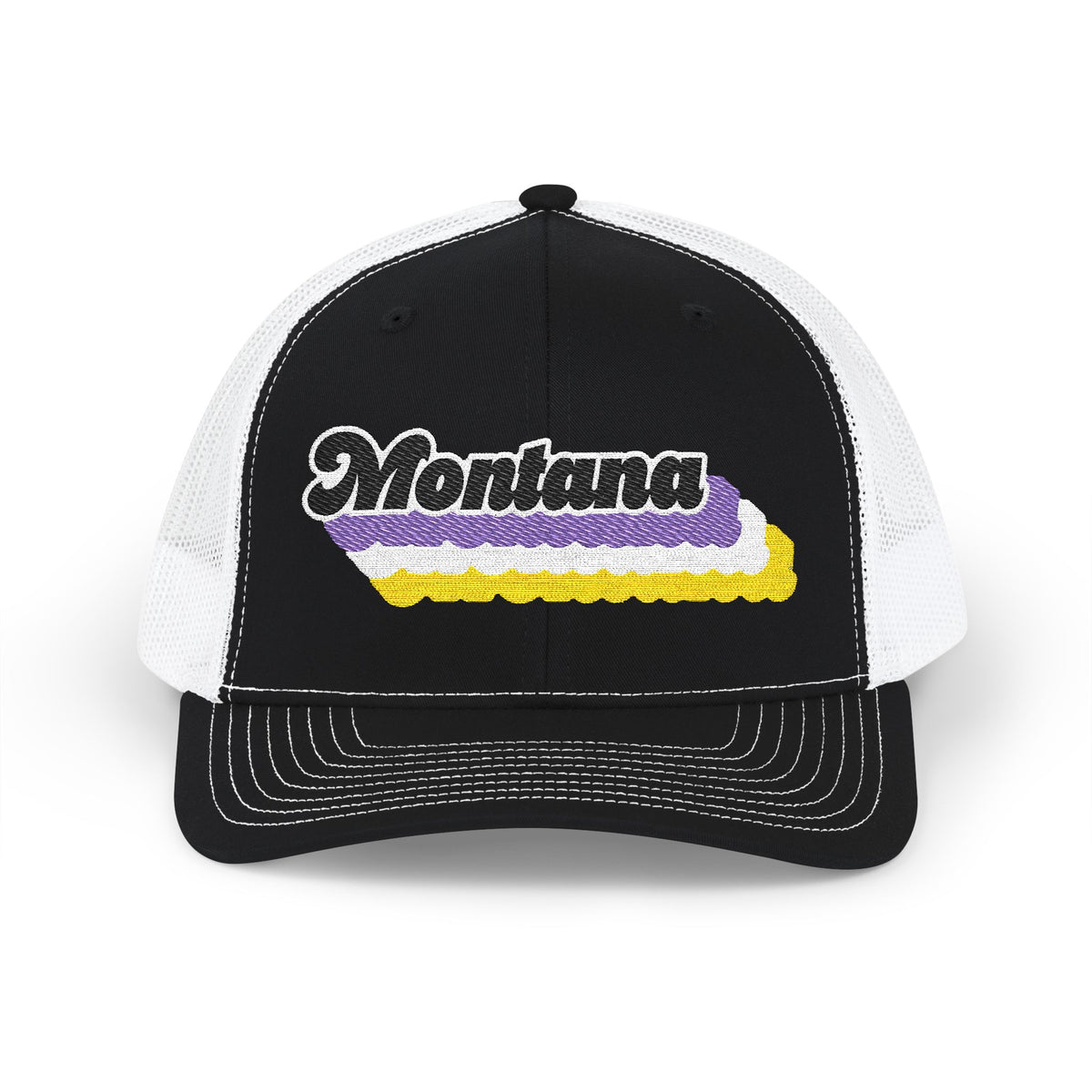Montana Non-binary Pride Stack Embroidered Trucker, Snapback Trucker Cap, Black front with White mesh in back