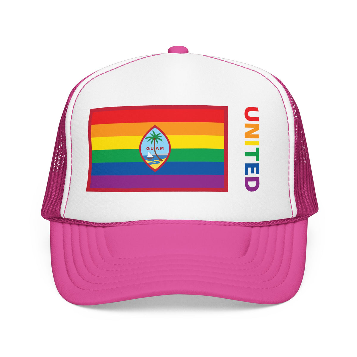 Guam Rainbow Pride Flag "UNITED" Printed Foam Trucker Hat, Several Color Options