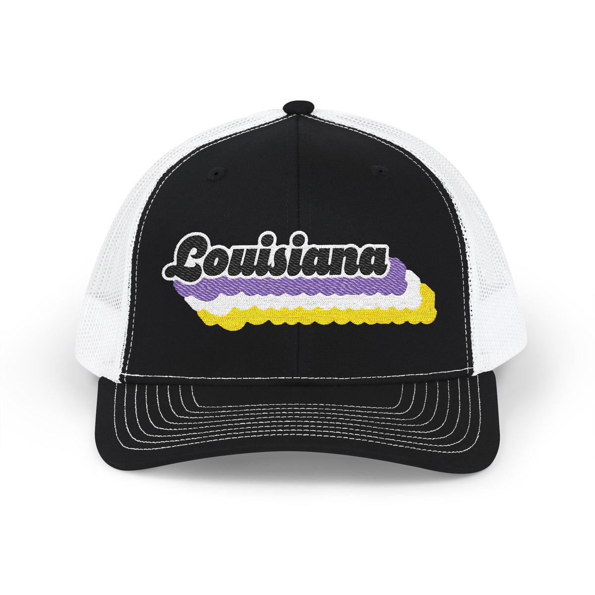 Louisiana Non-binary Pride Stack Embroidered Trucker, Snapback Trucker Cap, Black front with White mesh in back