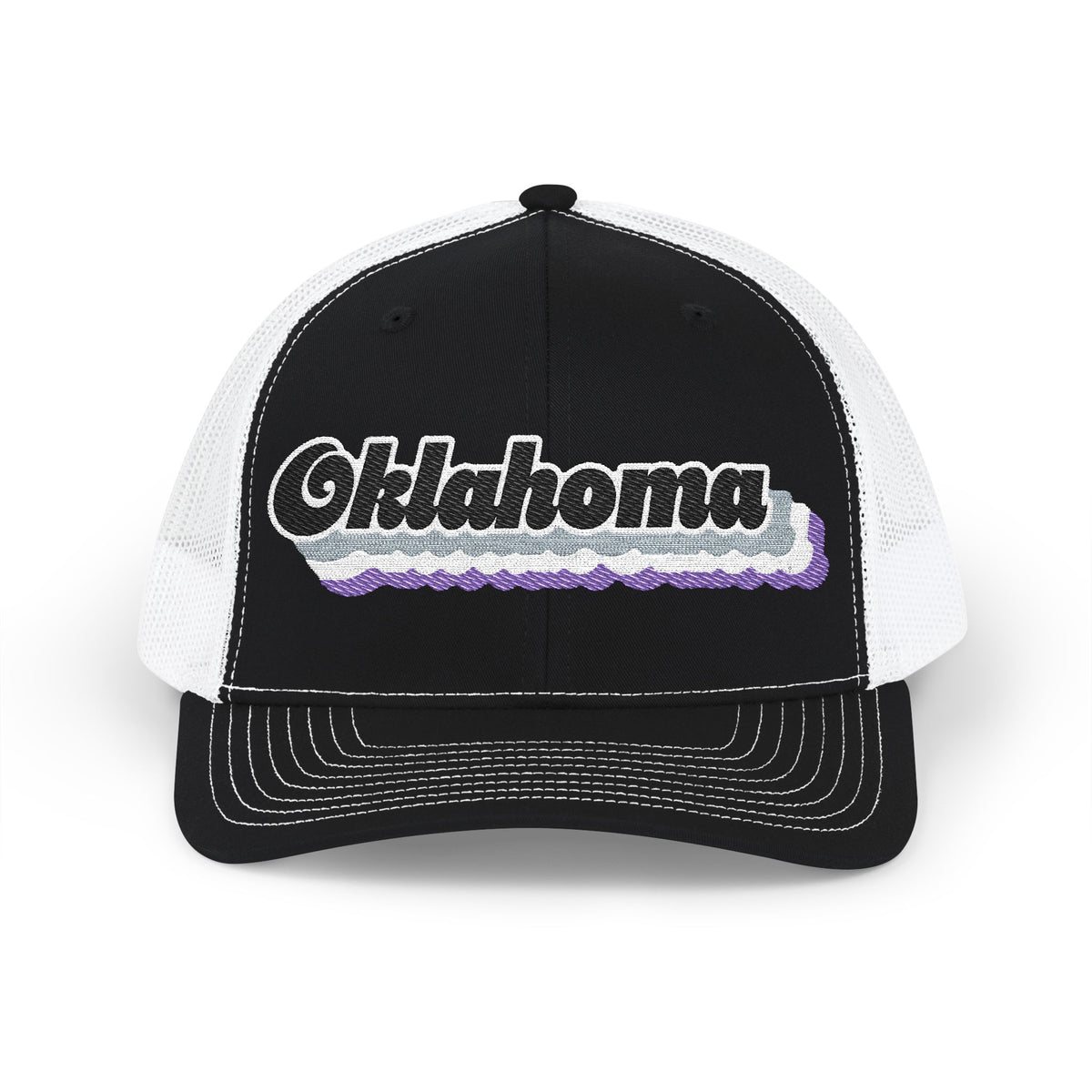 Oklahoma Asexual Pride Stack Embroidered Trucker, Snapback Trucker Cap, Black front with White mesh in back