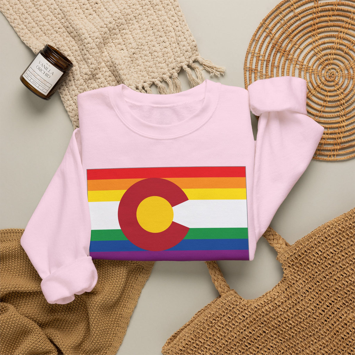 Colorado Rainbow Pride Flag Unisex Crewneck Sweatshirt, White, Black or Light Pink