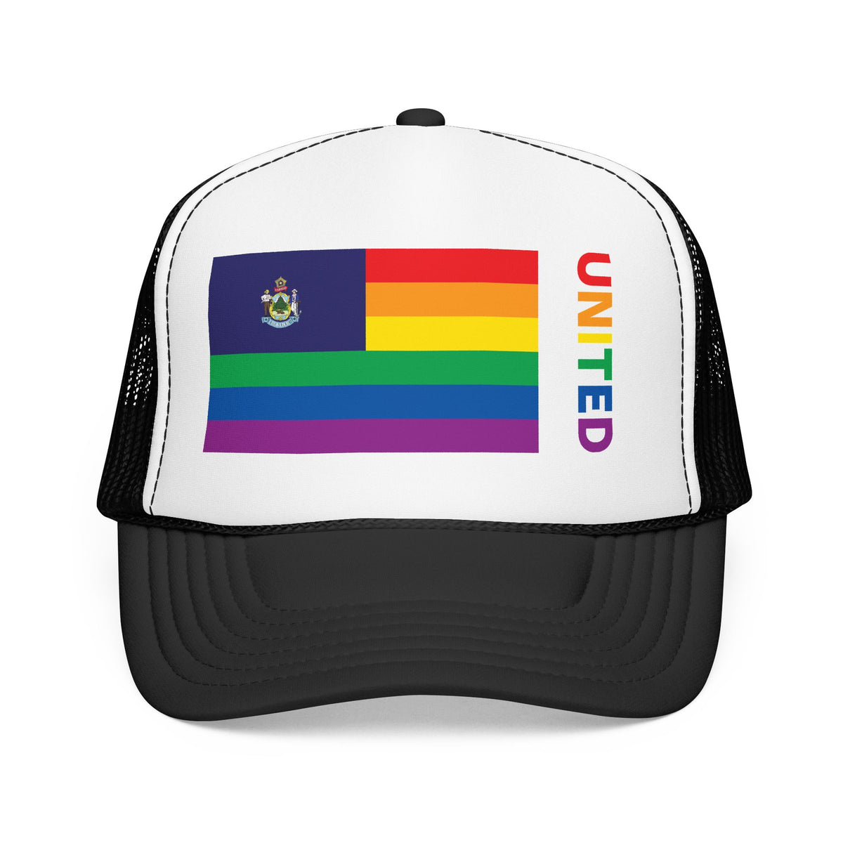 Maine Rainbow Pride Flag "UNITED" Printed Foam Trucker Hat, Several Color Options