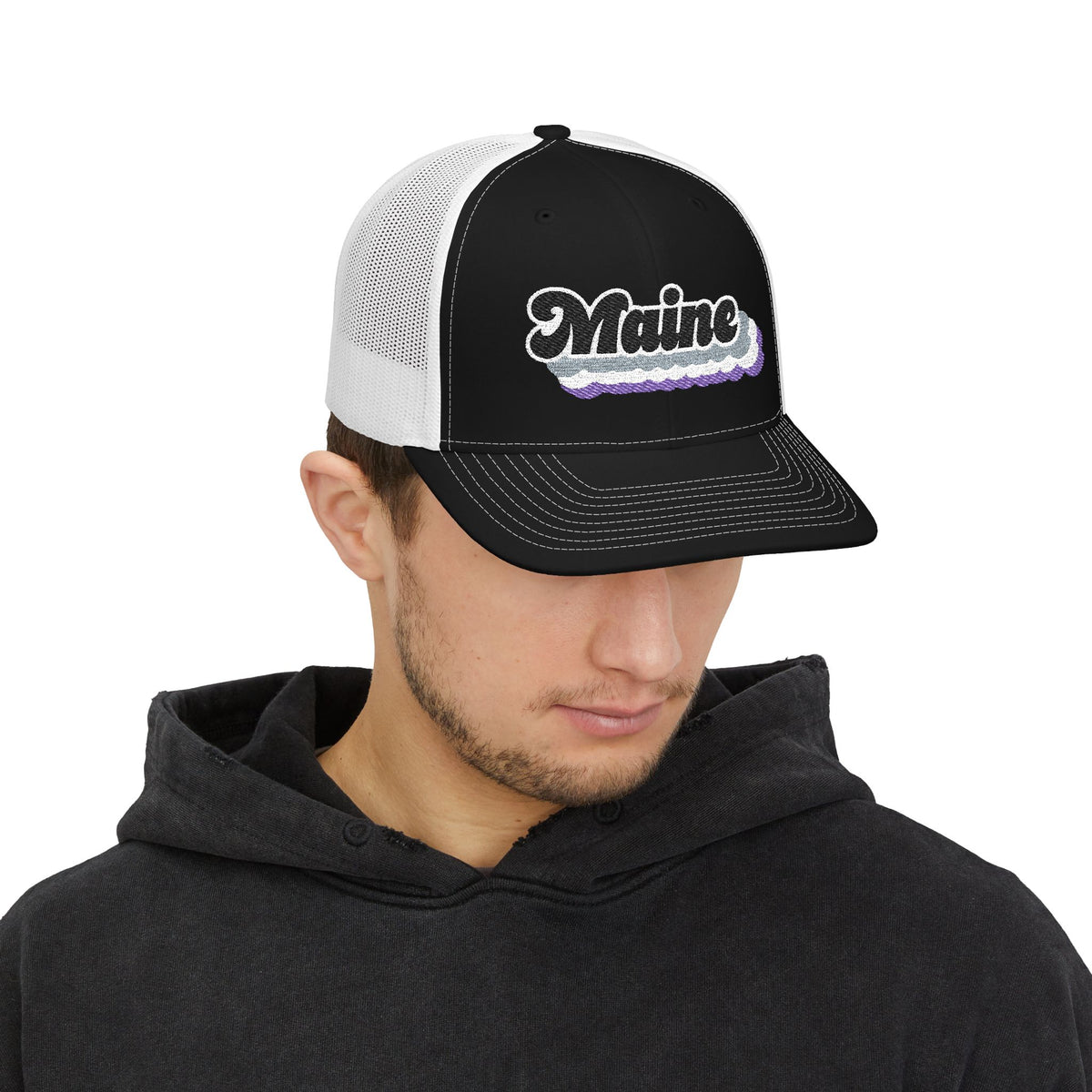 Maine Asexual Pride Stack Embroidered Trucker, Snapback Trucker Cap, Black front with White mesh in back