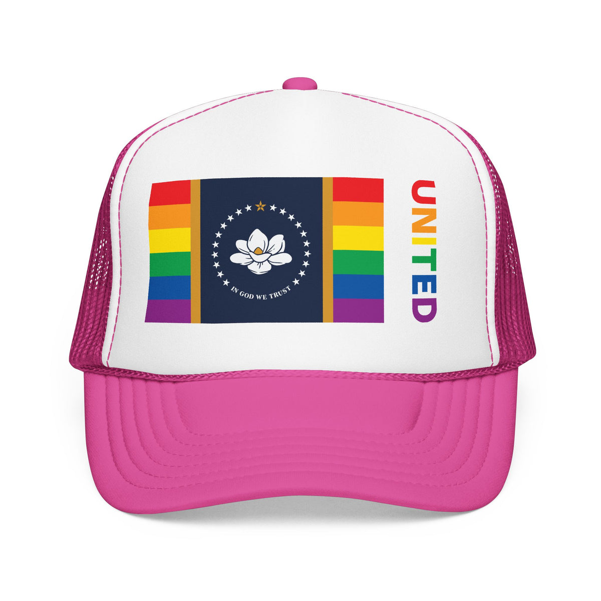 Mississippi Rainbow Pride Flag "UNITED" Printed Foam Trucker Hat, Several Color Options