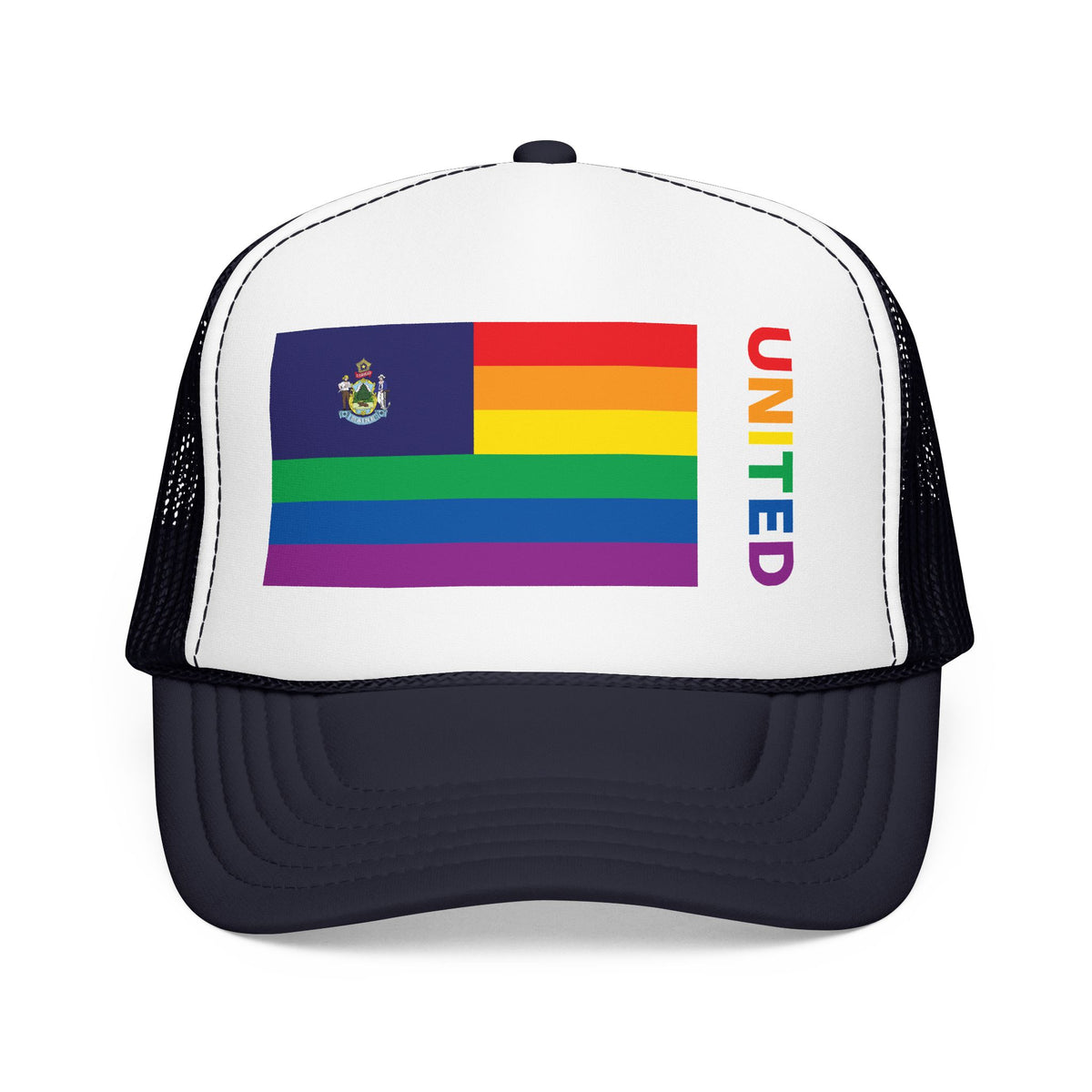 Maine Rainbow Pride Flag "UNITED" Printed Foam Trucker Hat, Several Color Options