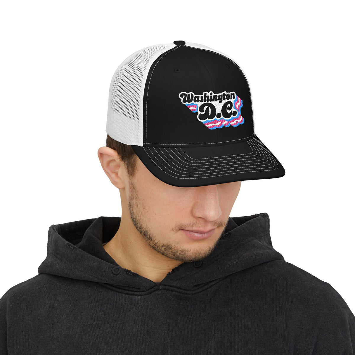Washington, D.C. Transgender Pride Stack Embroidered Trucker, Snapback Trucker Cap, Black front with White mesh in back