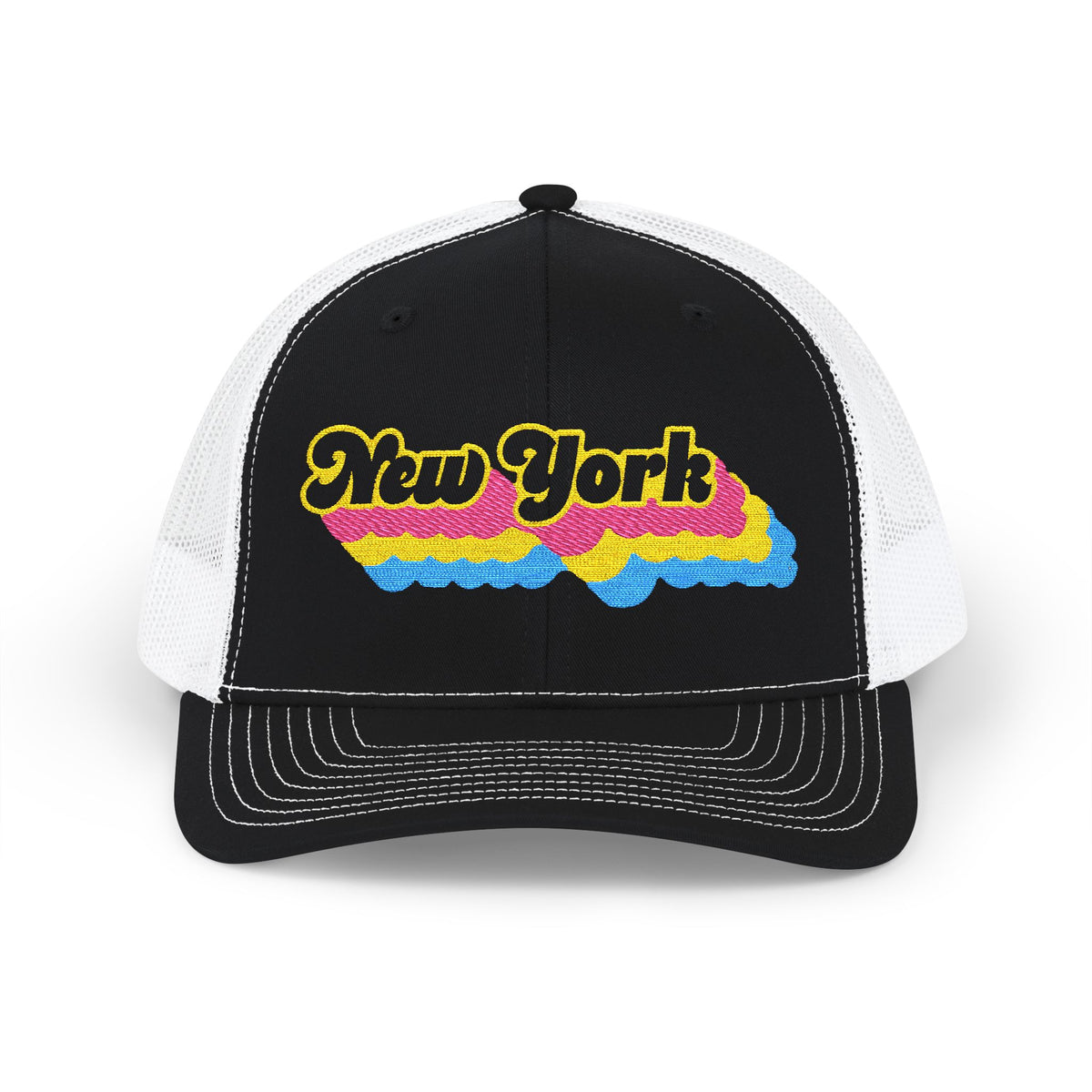 New York Pansexual Pride Stack Embroidered Trucker, Snapback Trucker Cap, Black front with White mesh in back