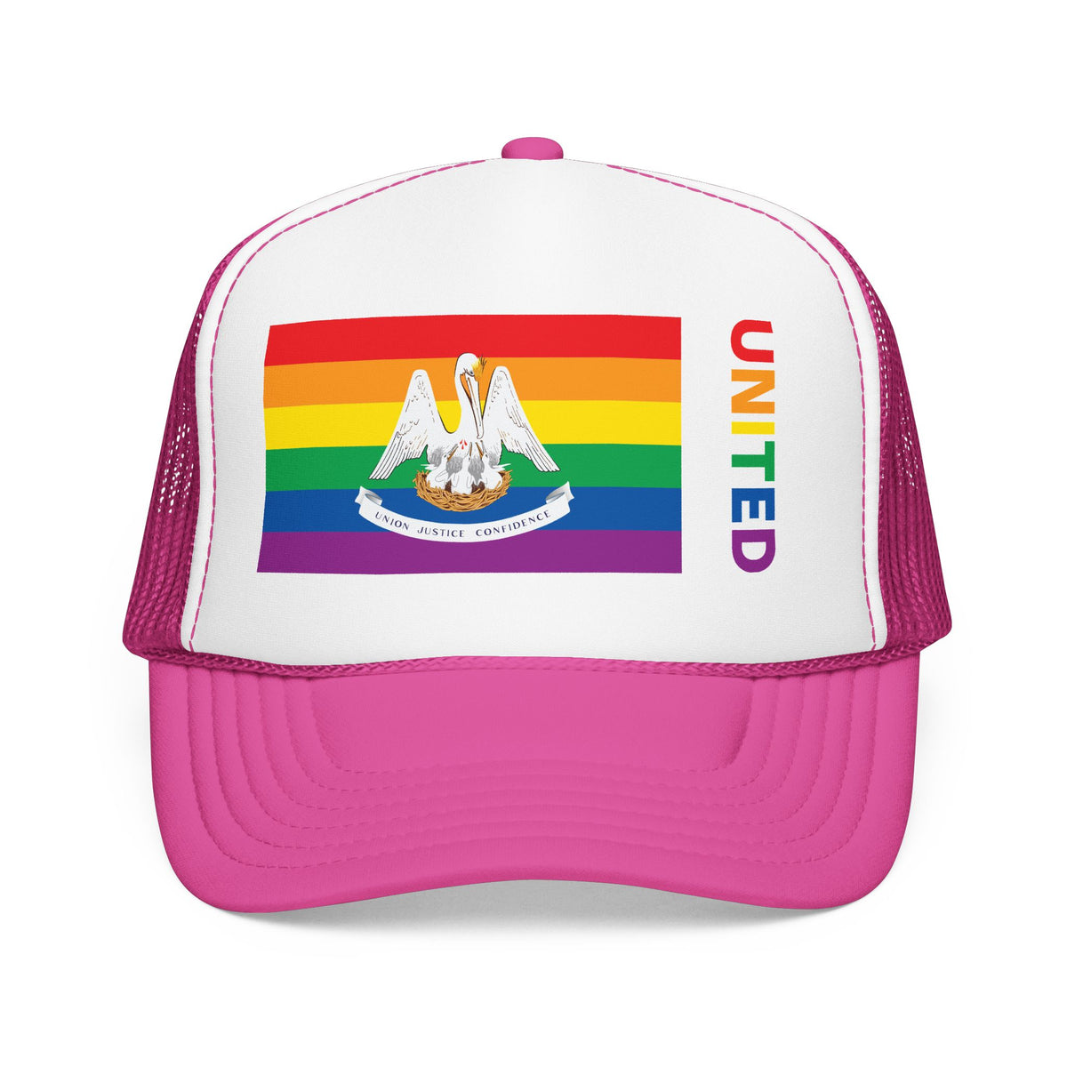 Louisiana Rainbow Pride Flag "UNITED" Printed Foam Trucker Hat, Several Color Options