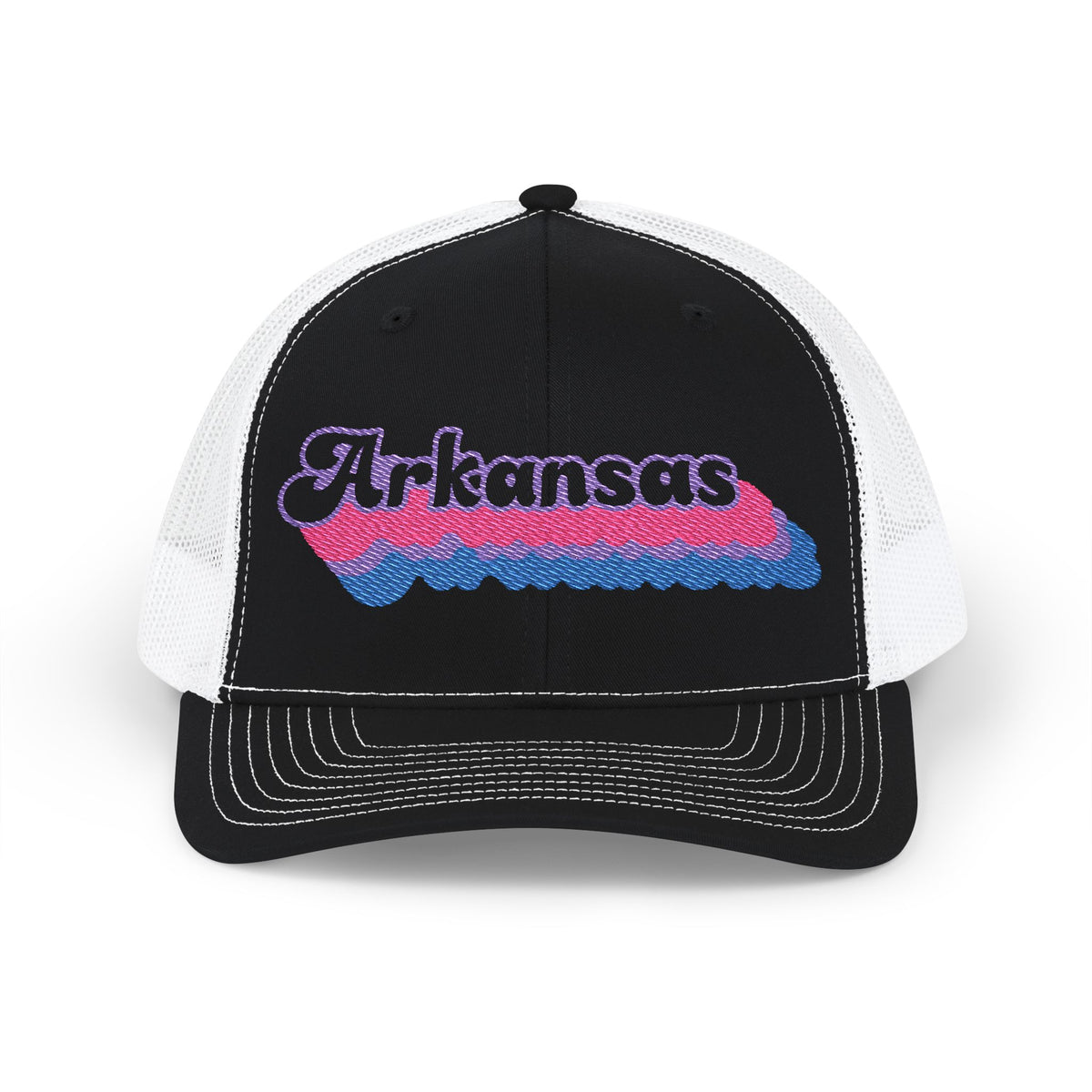 Arkansas Bisexual Pride Stack Embroidered Trucker, Snapback Trucker Cap, Black front with White mesh in back