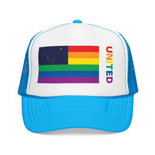 Alaska Rainbow Pride Flag "UNITED" Printed Foam Trucker Hat, Several Color Options