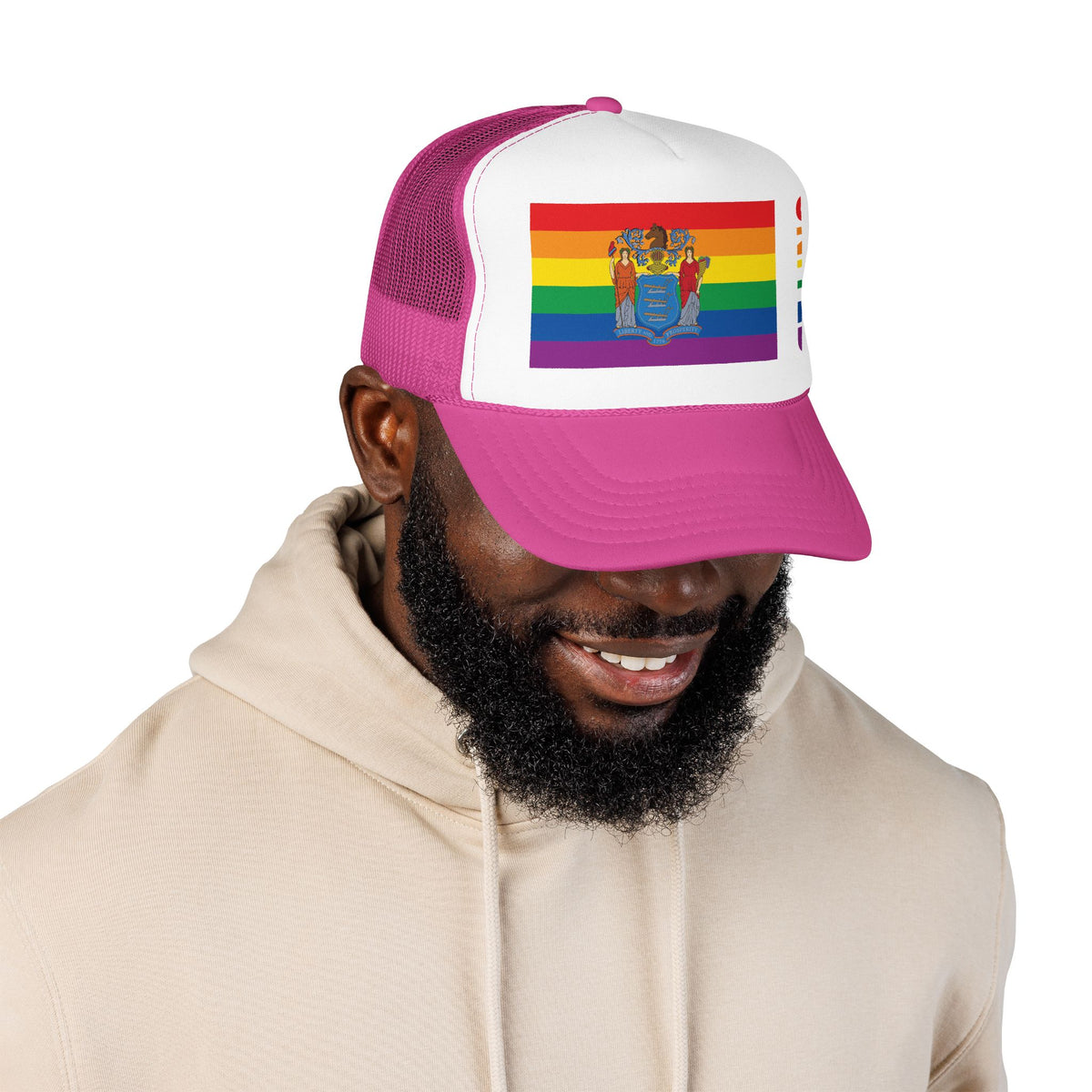 New Jersey Rainbow Pride Flag "UNITED" Printed Foam Trucker Hat, Several Color Options