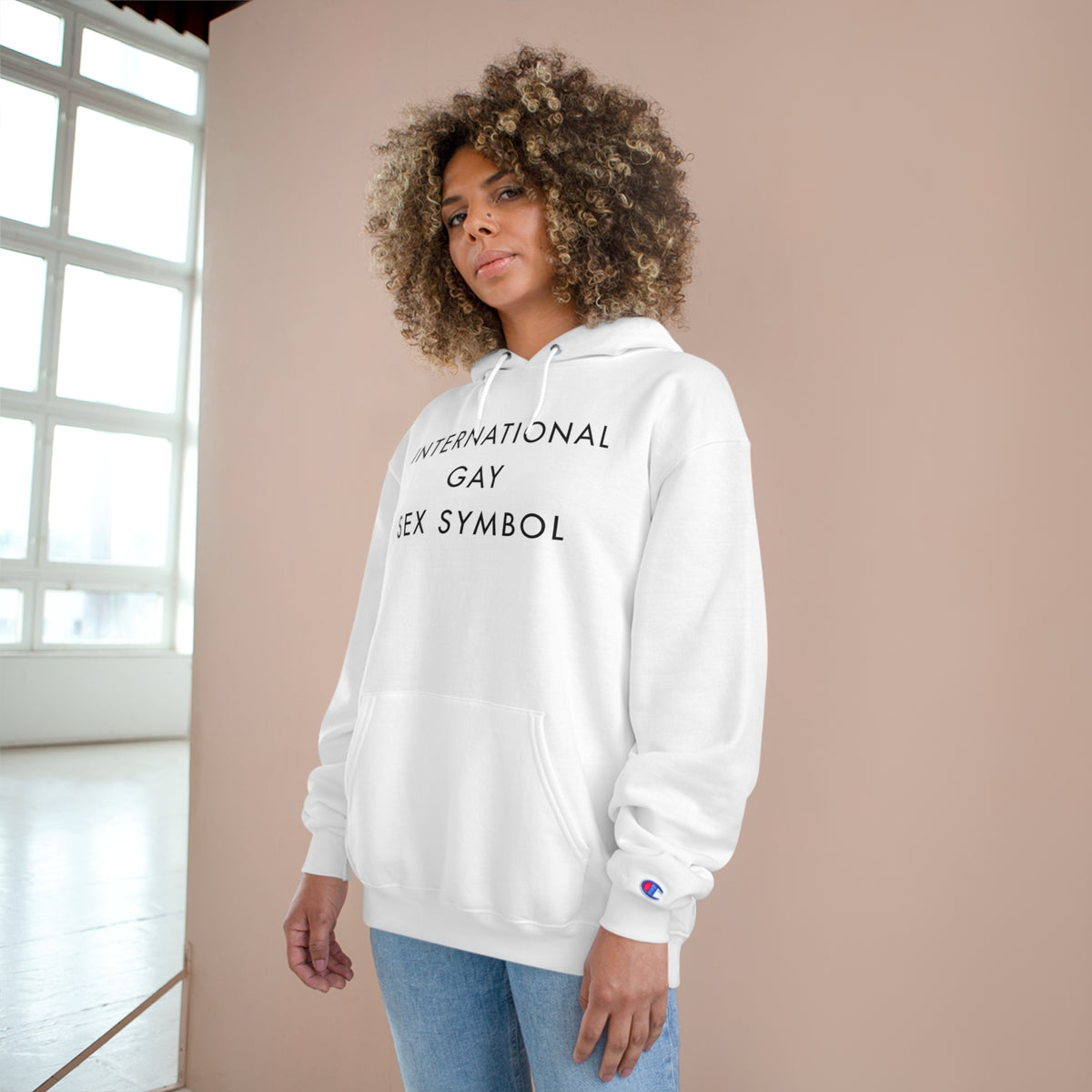 International Gay Sex Symbol Hoodie (Champion®) - White and Light Steel with Black Deco