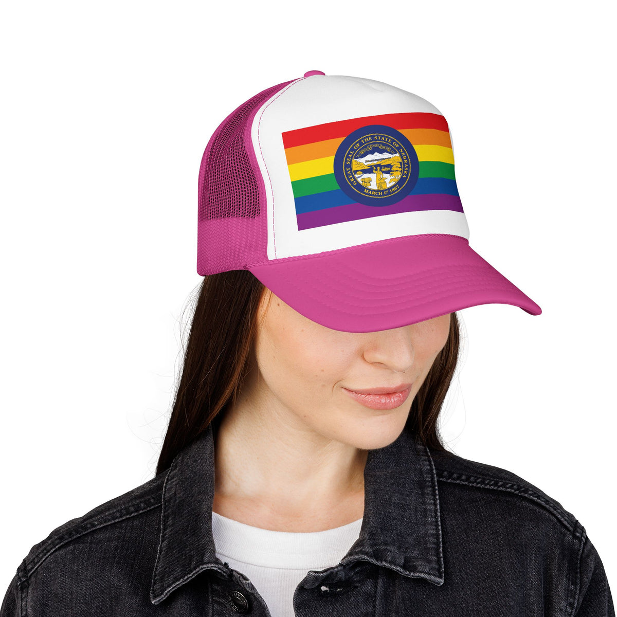 Nebraska Rainbow Pride Flag "UNITED" Printed Foam Trucker Hat, Several Color Options