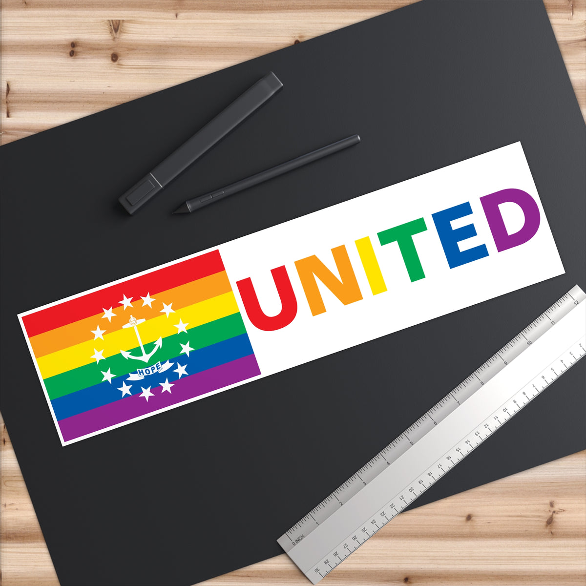 Rhode Island Rainbow Pride Flag "UNITED" Bumper Sticker